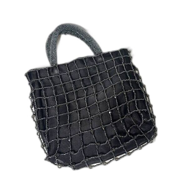 VTG Bloomingdales Beaded Bag Clutch Evening Event black Seed Bead Ibiza Dinner - Picture 2 of 9